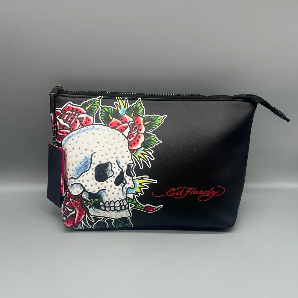 Ed hardy rhinestone skull and roses cosmetics bag